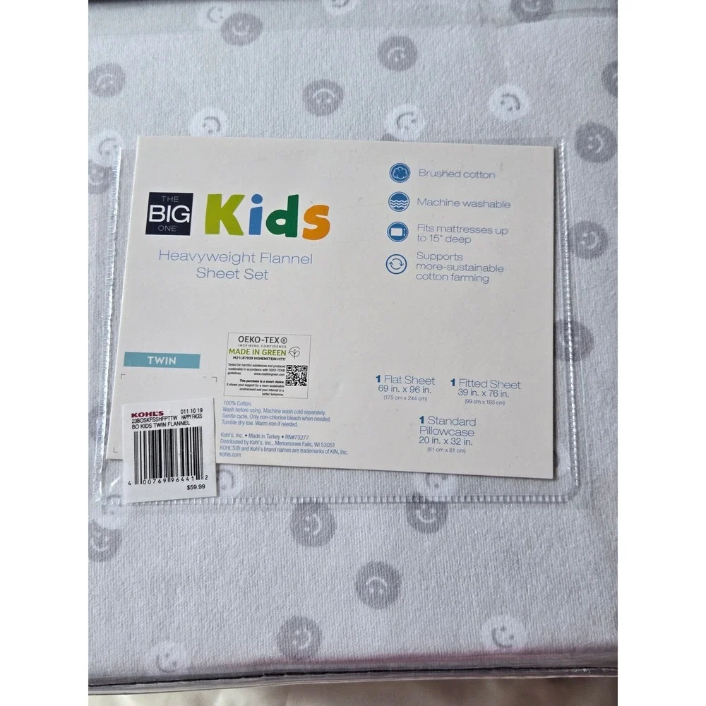 The Big One Kids Twin Heavyweight Flannel Sheet Set Grey Smiley Face Cotton